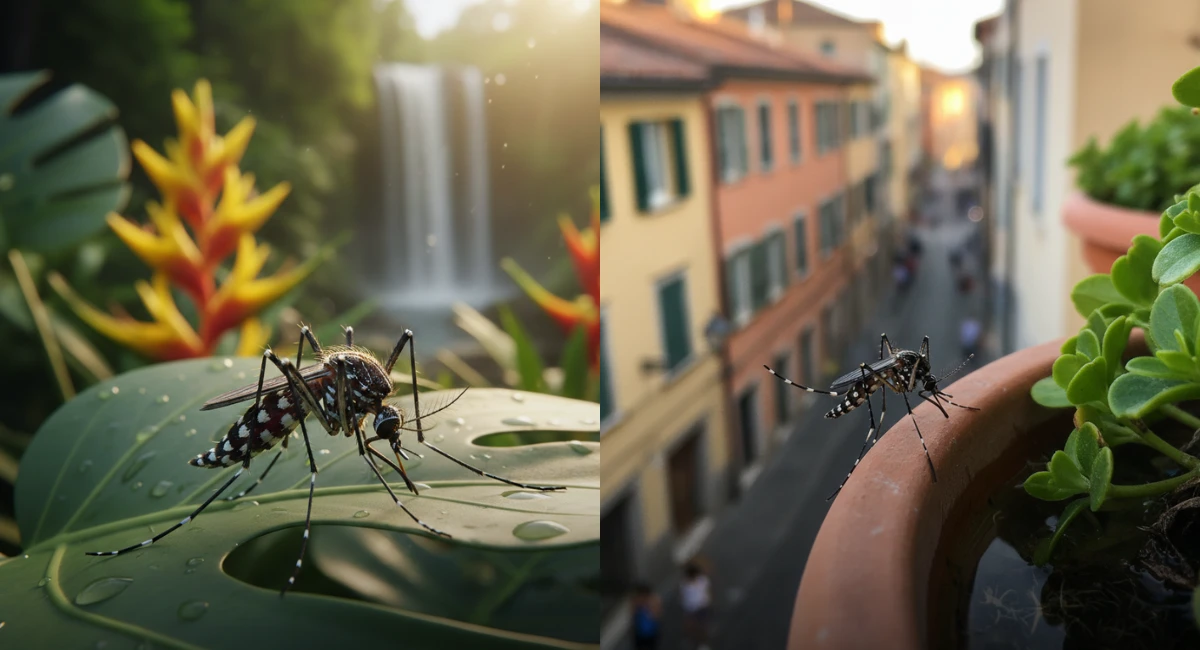 Split-screen image showing Asian tiger mosquitoes resting on a tropical leaf and on a potted plant overlooking a city street.